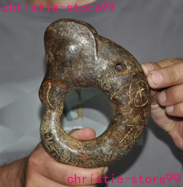 6"China Hongshan culture Old Jade carving loong Pig dragon fetus fengshui statue