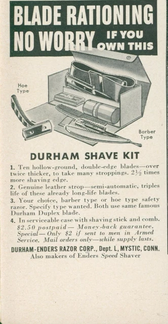 1942 Durham Shave Kit Blade Rationing No Problem Home Barber Vtg Print Ad L24