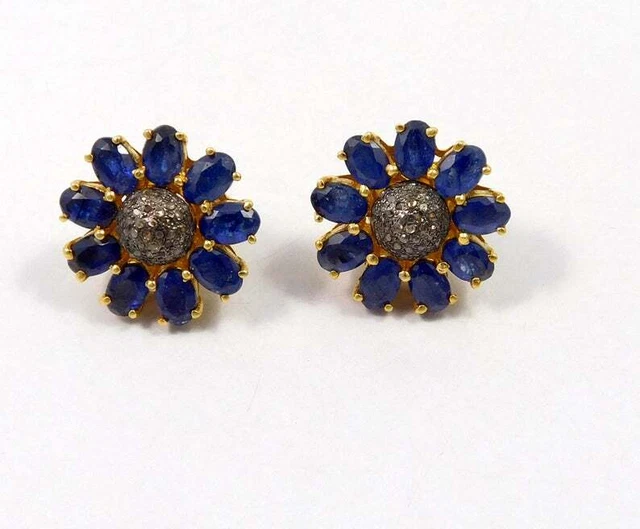 925 Sterling Silver Pave Diamond Sapphire Stud Earring Gold Plated Jewelry