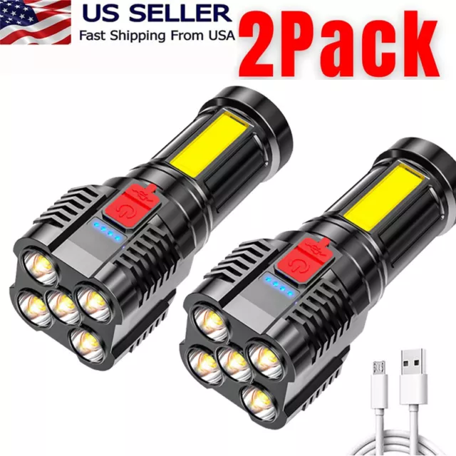 2PCS LED Super Bright Flashlight Rechargeable Torch Tactical Lamp USB Recharge