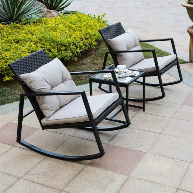 Luxen Home 3 Piece Brown Iron and Wicker Patio Rocking Conversation Set