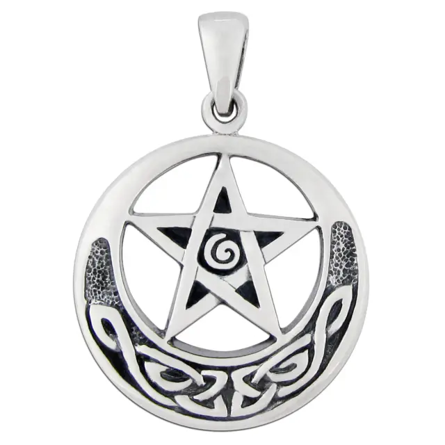 Sterling Silver Crescent Moon Pentacle Pentagram Pendant Celtic Knot Wicca Pagan