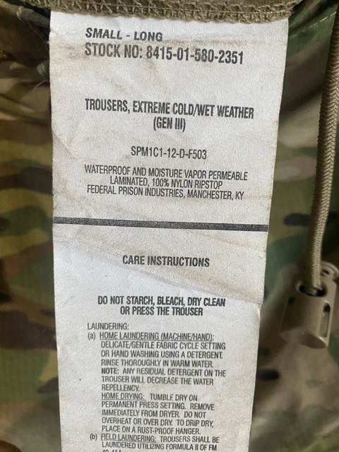 USGI ECWCS GEN III LEVEL 6 EXTREME COLD/WET WEATHER PANTS - SMALL LONG Multicam 3