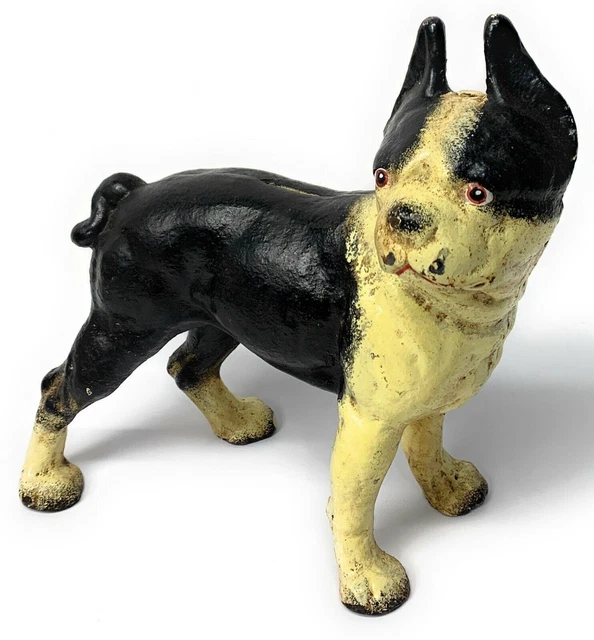 VTG STANDING BOSTON TERRIER CAST IRON DOG statue PIGGY BANK Bank Art