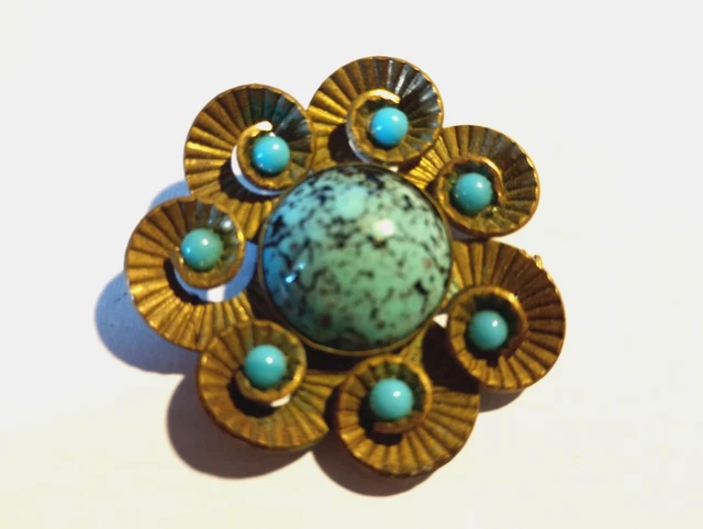 Broche Vintage En Pierres Turquoises - Bijou Ancien, Occasion, Décoratif