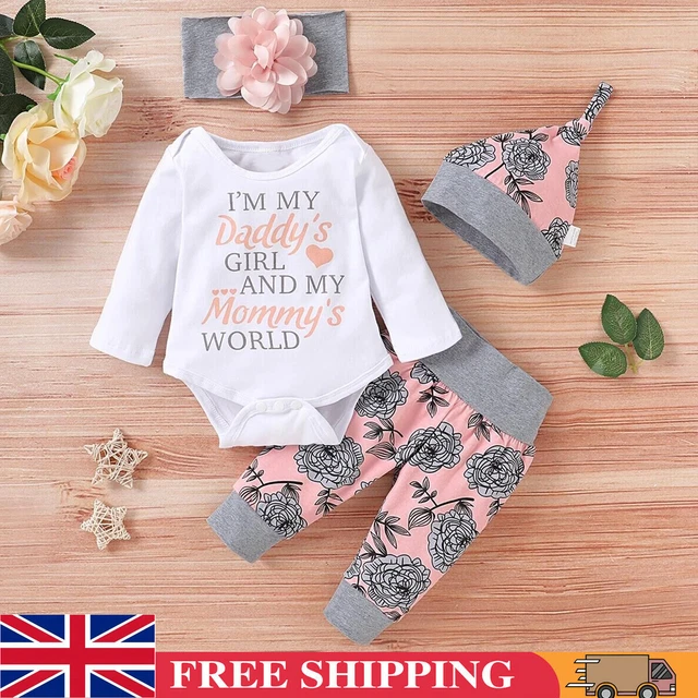 4pc Newborn Baby Girl Kids Romper Jumpsuit Bodysuit Clothes Headband Outfits Set