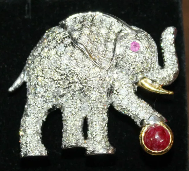 Broche éléphant de mariage rubis en or blanc 18 carats avec diamant rond...