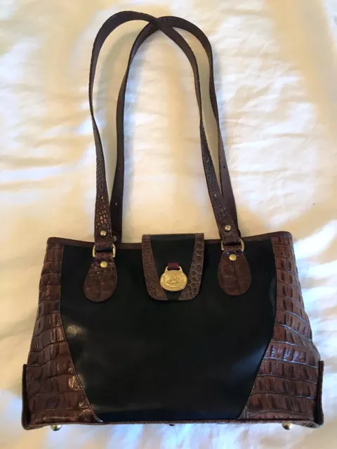 BRAHMIN BLACK BROWN CROC EMBOSSED LEATHER Tote Shoulder Bag Purse