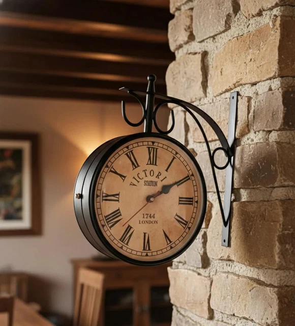 Horloge Murale Rétro Style Gare - Double Face Avec Thermomètre, Chaînettes, Pile