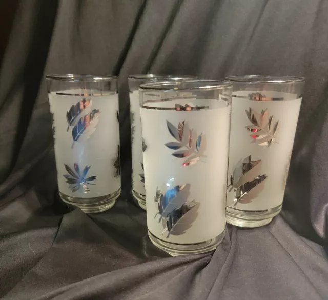 Mid-century Modern Vintage Silver Leaf Frosted Highball Glasses Set Of 4