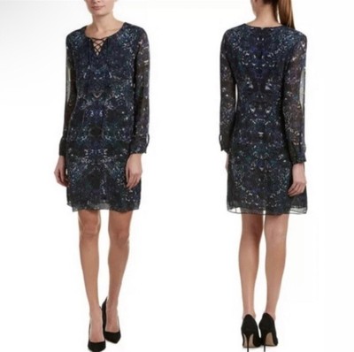 Cabi #3339 Noel Eternity Blue Black Floral Long Sleeve Shift Dress Womens Medium