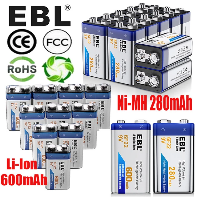 EBL 9V RECHARGEABLE Batteries 600mAh Lithium NiMH 6F22 /9Volt Liion