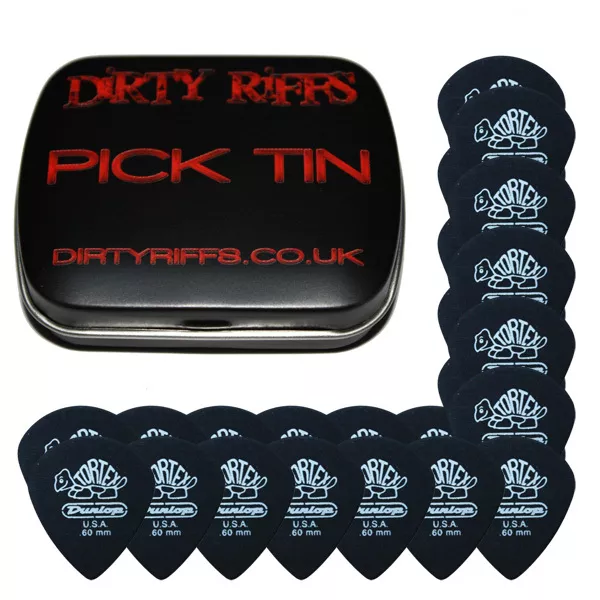 24 x Dunlop Tortex Pitch Black Jazz Guitar Picks - 0.60mm In A Handy Pick Tin