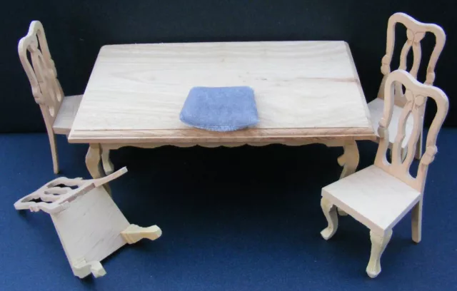 Natural Finish Table And 4 Chairs Tumdee 1:12 Scale Dolls House Miniature 079