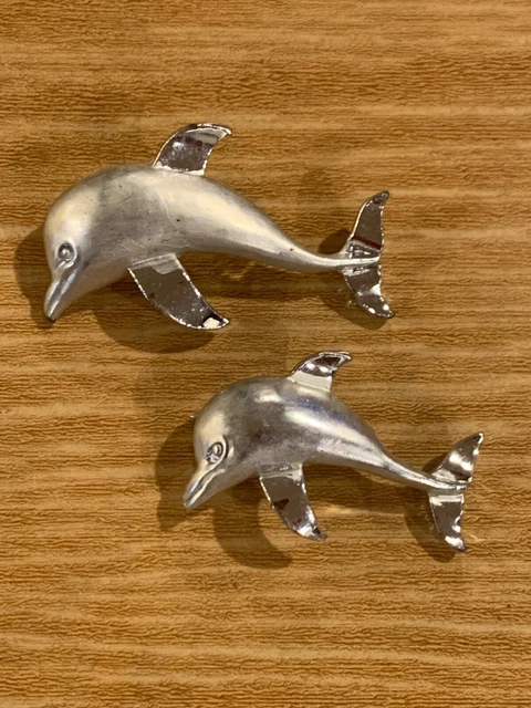 Lot Of Two 1.5" & 1.25” Silver Tone Dolphin Jumping Fish Pin Brooch Costume  Mj