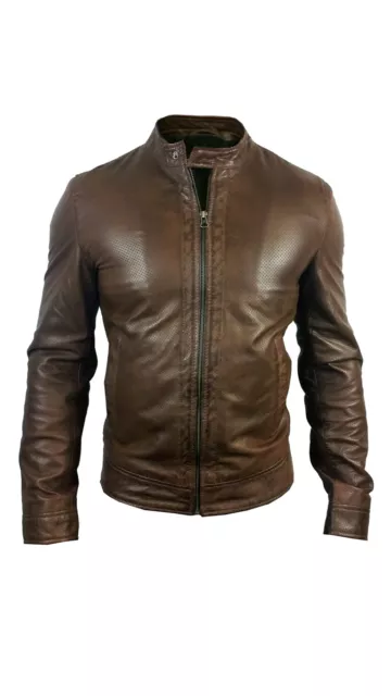 Herren Echtbraun Leder Biker perforierte Jacke von Alexander Caine