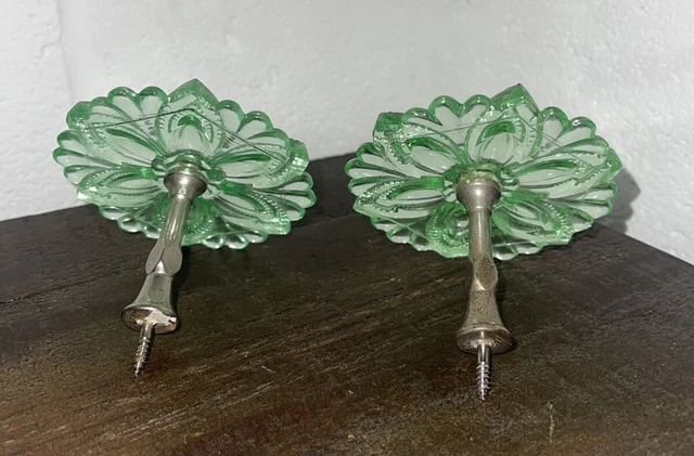 Pair of Uranium Vaseline Glass Flower Curtain Tie Backs with Hardware RARE 2