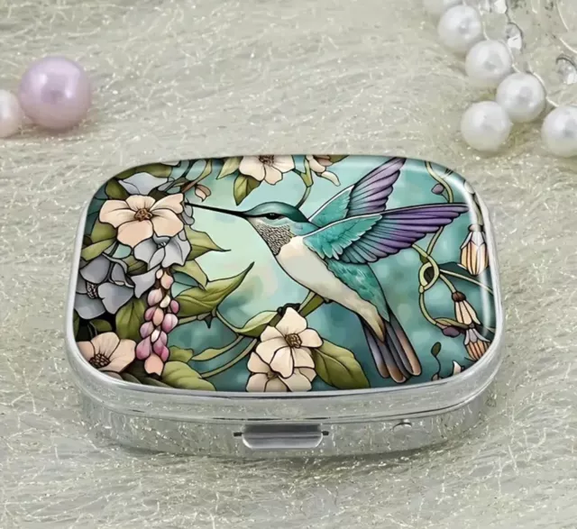 Pill Box Pot Metal Rectangular Humming Bird Medicine Collectable Uk Seller