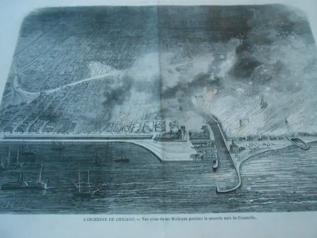 Gravure 1871 - L'incendie de Chicago vue du lac Michigan