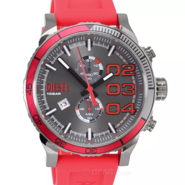 DIESEL Mens Double Down 2.0 Chronograph Watch, Red Silicone Band, Gray Dial