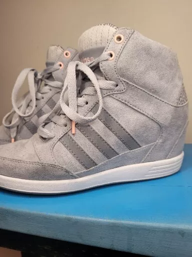 Adidas Womens Sz 6.5 Neo Weneo Super Wedge Sneakers Shoes Gray F98648 Suede Lace