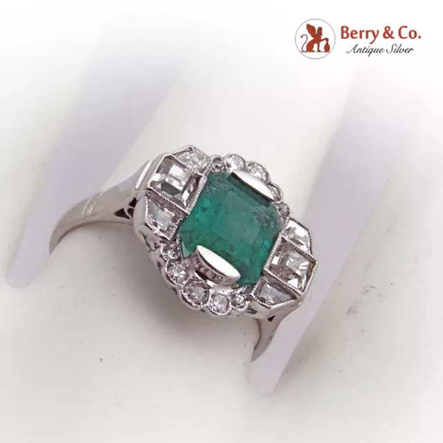 Art Deco 14 K White Gold Diamond Emerald Ring