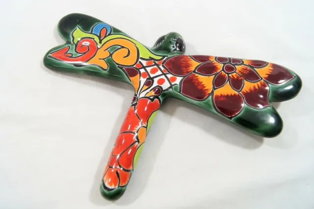 Mexican Folk Art Hand Painted Floral Ceramic Dragonfly Figurine 6.5" x 9.5"