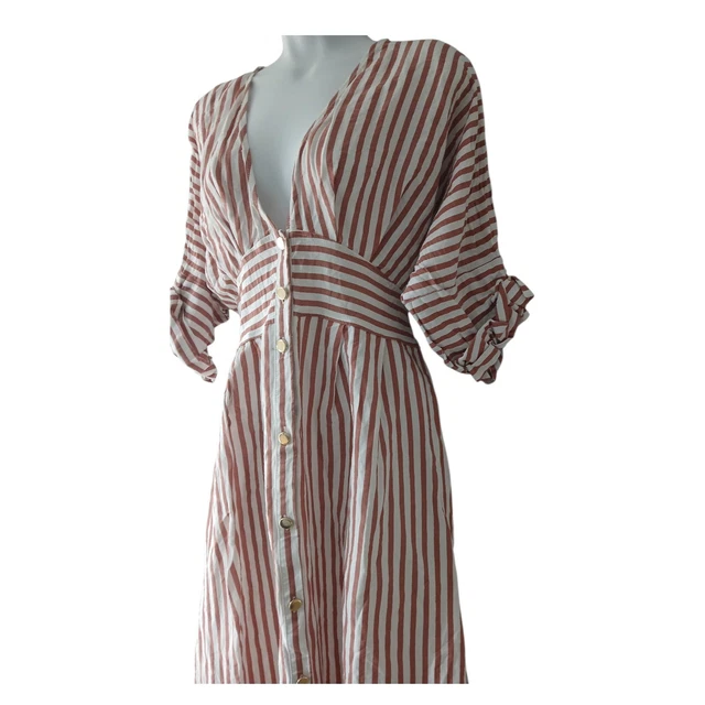 ZARA LINEN STRIPE pink dress white holiday midi gold button tie size large  21.50 - PicClick UK