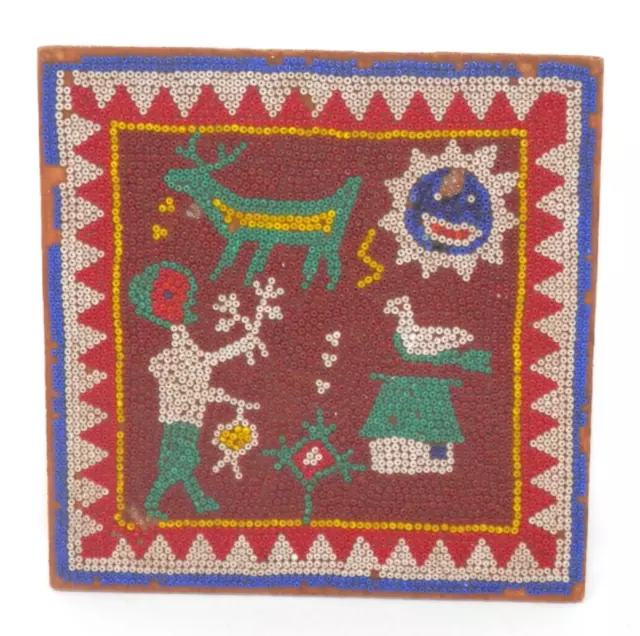 Vintage Huichol Beaded Petroglyph Wall Hanging Mexican Folk Art Picture on Wood