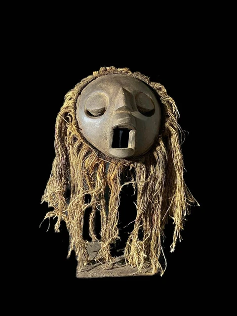 African Lega Mask Hand Carved Mask Bwami Society Raffia Congo African-6699 3