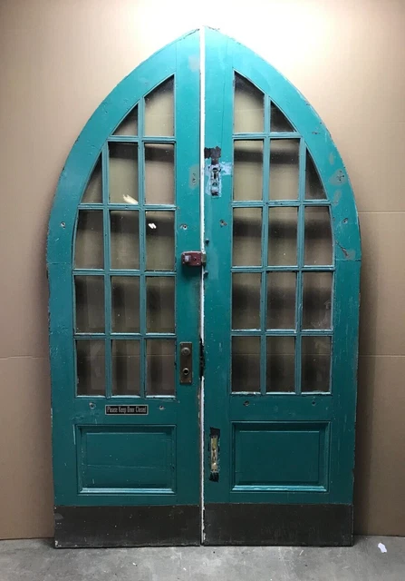 Antique Pair 14 Lite Arched Top Shabby Entryway Doors 55x92 Old VTG 353-23B