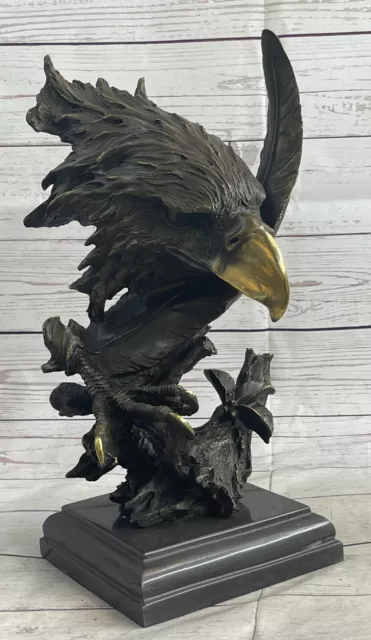 Magnificent Bronze Eagle with Dark Patina on Marble Base by Miguel Lopez