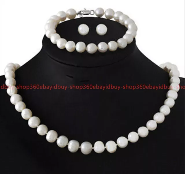 Genuine 8-9mm White Freshwater Cultured Pearl Necklace Bracelet Earrings 18/7.5