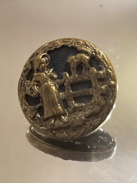 Antique KATE GREENAWAY Metal Button Girl With Cat On Fence 11/16”