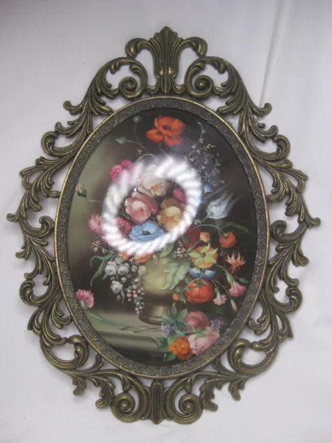 large vintage ornate metal picture frame wall decor Italy convex glass flower