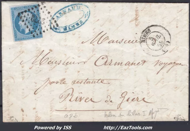 FRANCE EMPIRE 20c BLEU SUR LILAS N° 14Ae SUR LETTRE PC 2272 NIMES SIGNÉ CALVES