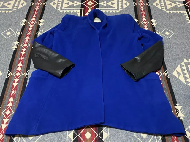 Michelle Mason Lamb Leather Sleeve Jacket Blue  Wool Oversized Open Coat 0 T45