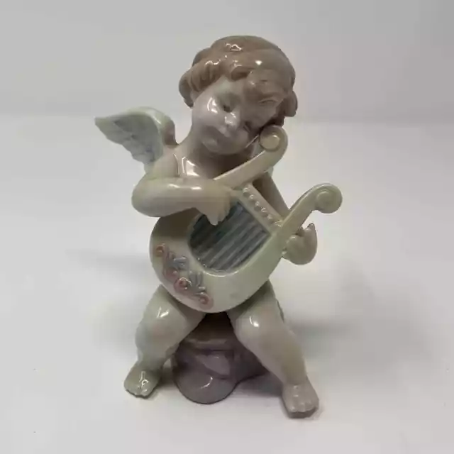 Lladro #6628 Adagio Angel Cherub Playing Harp Porcelain Figurine
