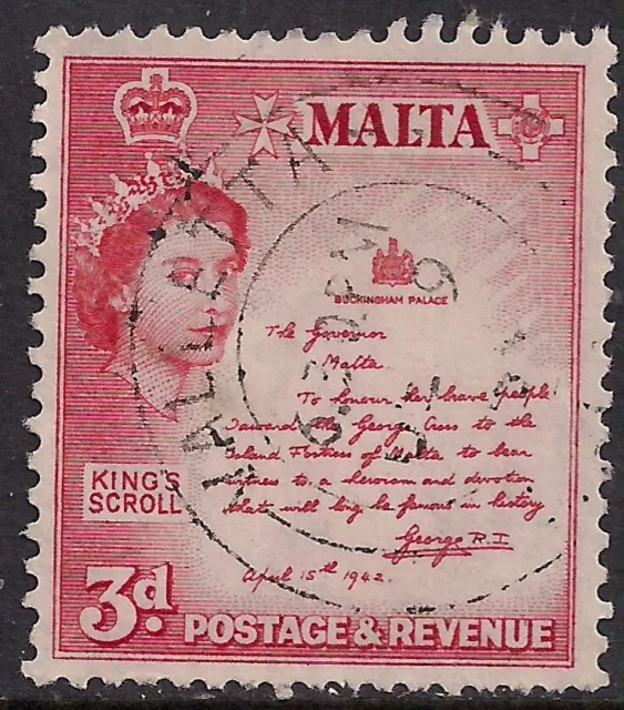 Malta 1956 QE2 3d Rose Red Kings Scroll used SG 272 ( C1383 )