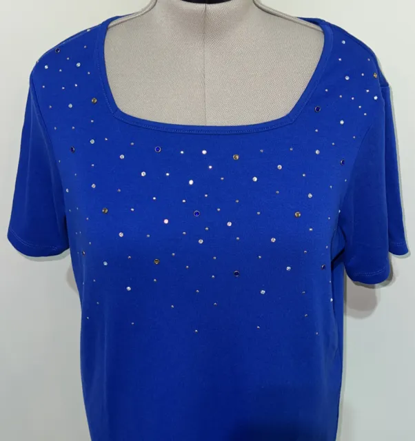 Quacker Factory Women's Large Blue Short Sleeve Square Neck Bedazzled Shirt