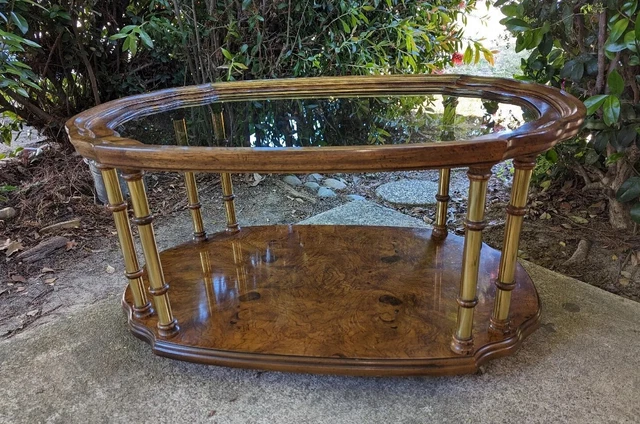 DREXEL Et Cetera Rolling Burl Elm Wood Glass Bamboo Brass Coffee Cocktail Table