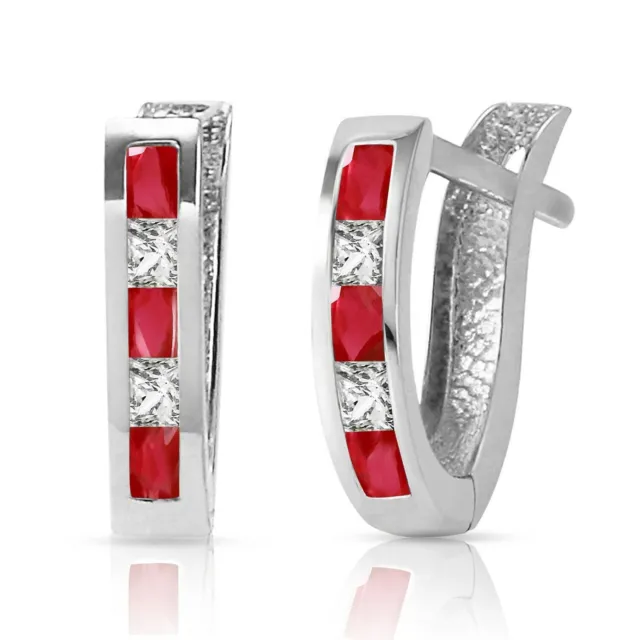 1.26 Carat 14K Solid White Gold Ruby White Topaz Hoop Gemstone Earrings