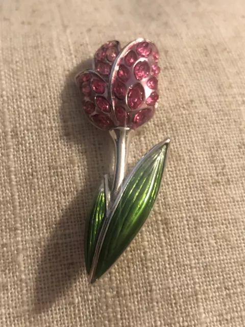 Signed Swarovski Crystal Pink Tulip  Flower Pin  Brooch  Green Enamel Swan Logo