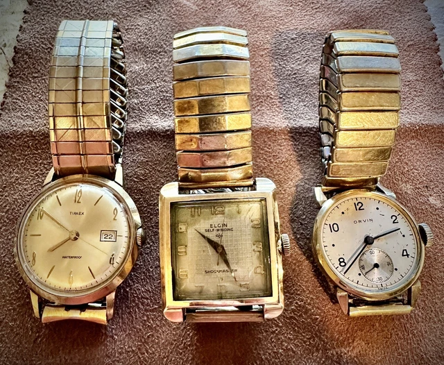 Vintage Elgin Shockmaster Honeycomb Square Dial 10KGF, ORVIN & TIMEX WATCHES P/R