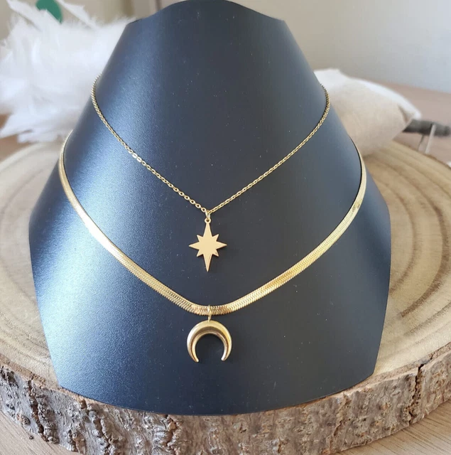 COLLIER MULTI RANG acier inoxydable plaqué or demi-lune étoile