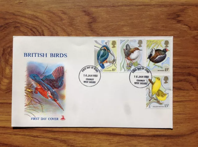 Cubierta de primer día GB British Birds 1980, Crawley pmk. P&P gratuito del Reino Unido