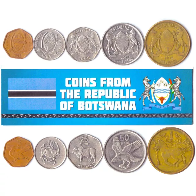 Botswana 5 Mixed Coins | African Currency | Thebe Pula | Eagle | Bull | Gemsbock