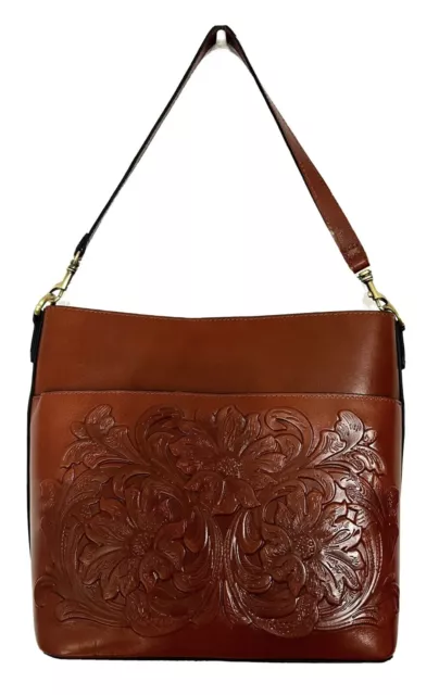 Patricia Nash Harper Tooled Leather Shoulder Bag with Crossbody Strap-Tan-NWT