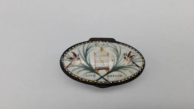 Antique 18th Century English Bilston Enamel Patch Snuff Box, Birds