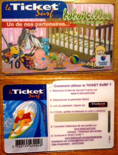 Ticket Surf – Bébévallée Belgique – 10 € – Neuf – 28/02/2009